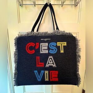 MARGOT FRINGE ‘C’est La Vie’ ZIP CANVAS TOTE by Karl Lagerfeld, Paris. NWT!
